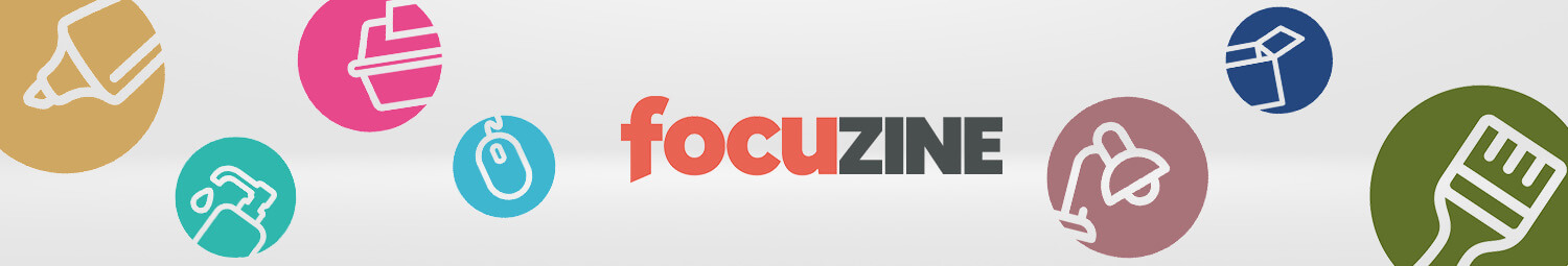 focuzine-Header mit bunten Icons für Büro-, Reinigungs- und Malerbedarf