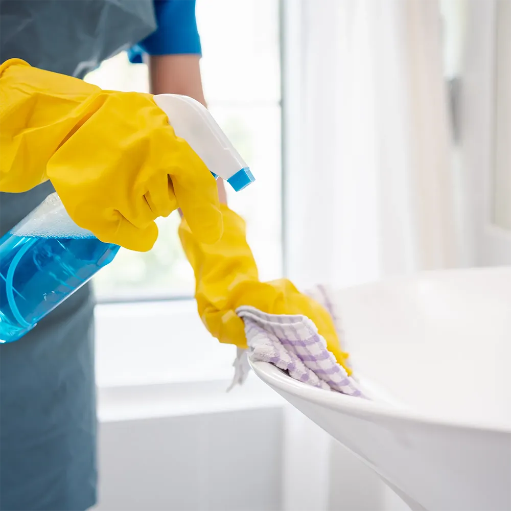 Reinigung mit Handschuhen und Sprühflasche
