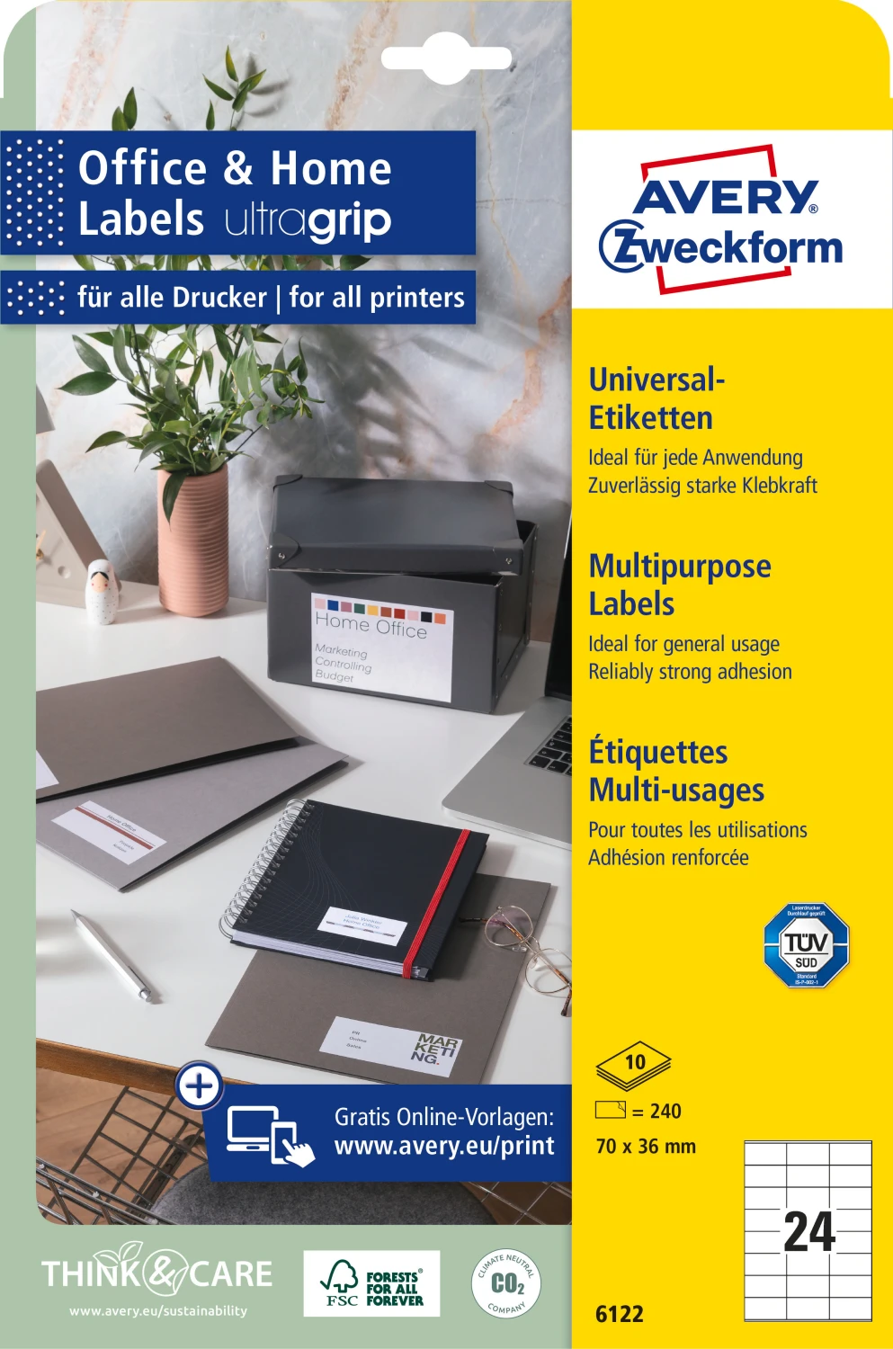 AVERY ZWECKFORM 6122 Etiketten, 70 x 36 mm, 10 Blatt