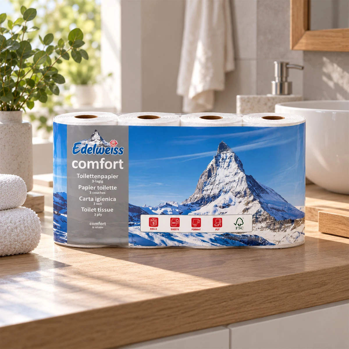 EDELWEISS Papier toilette Comfort 3 couches, 8 rouleaux