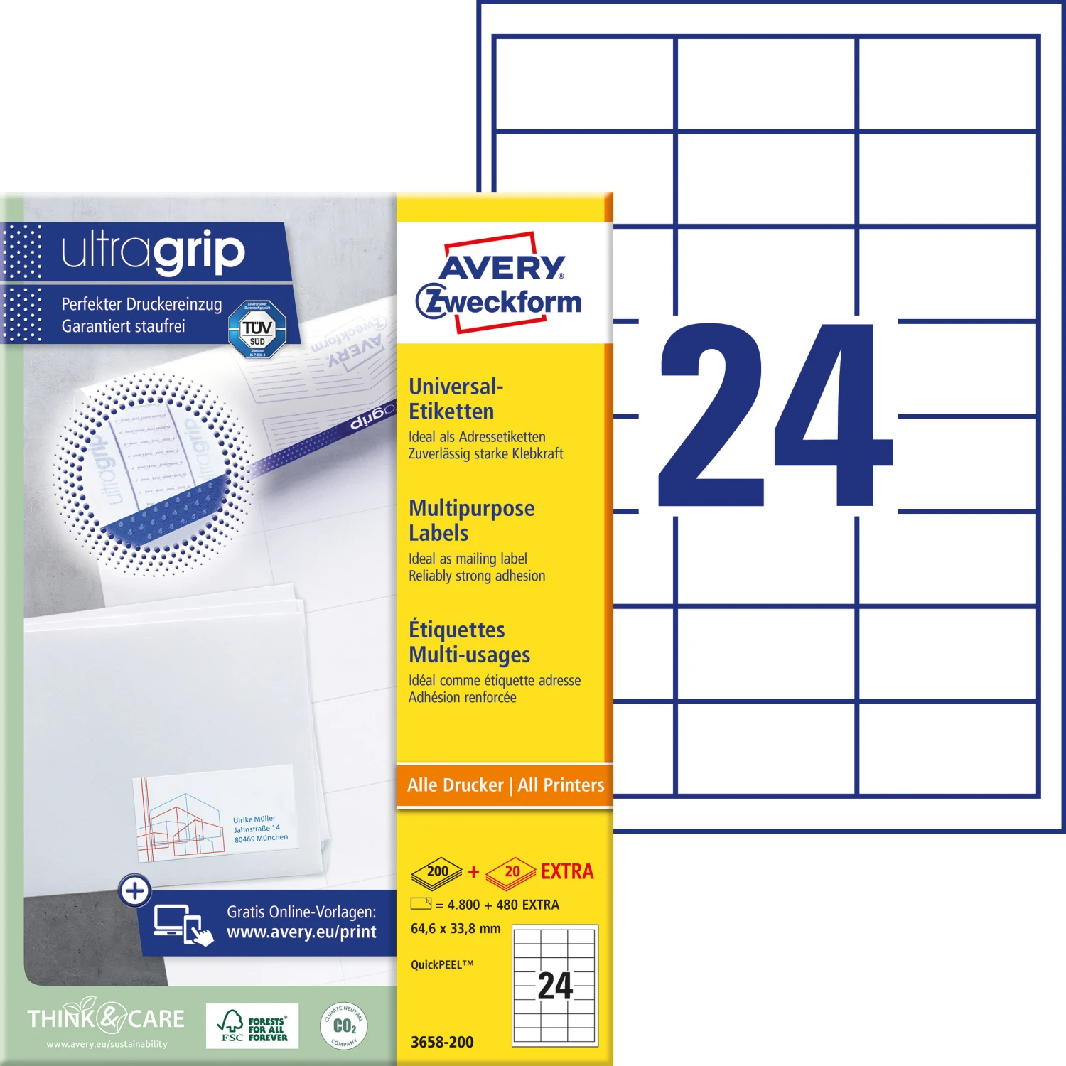 AVERY ZWECKFORM 3658-200 Etiketten, 64.6 x 33.8 mm, 200 + 20 Blatt