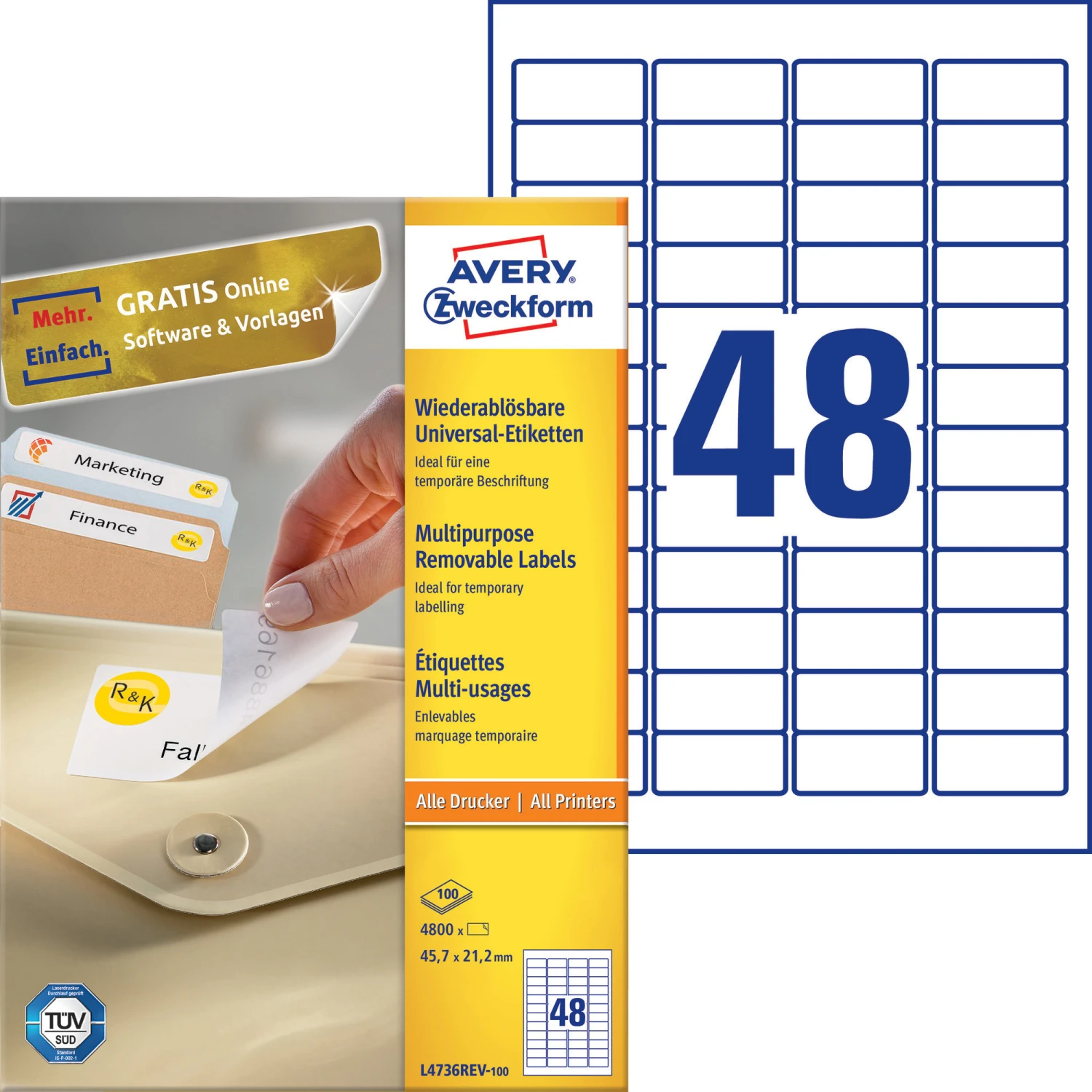AVERY ZWECKFORM L4736REV-100 Etiketten, 45.7 x 21.2 mm,
