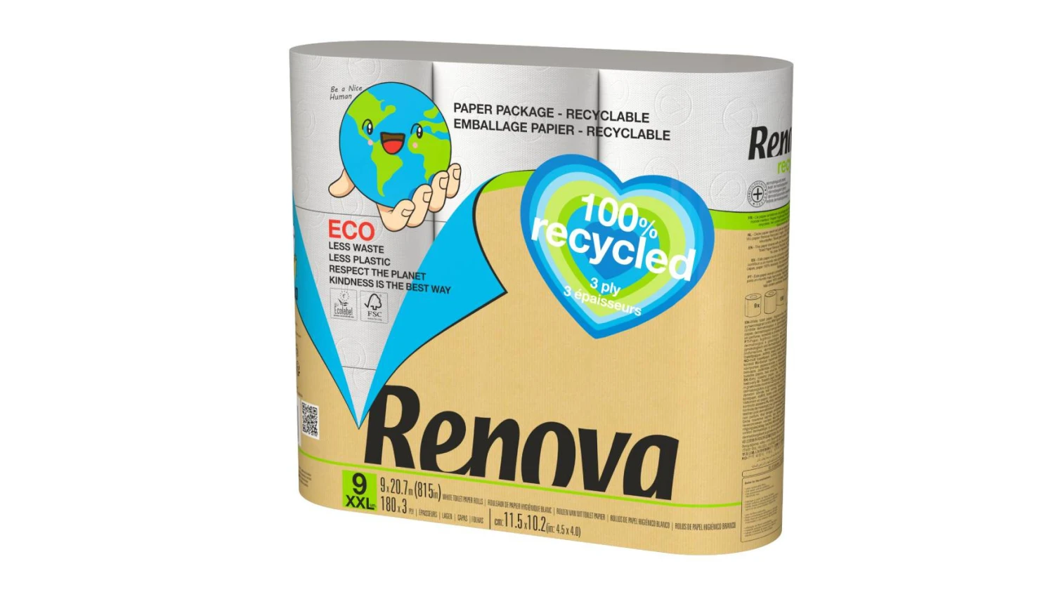RENOVA Papier toilette XXL Eco Recycled 3 couches, 9 rouleaux
