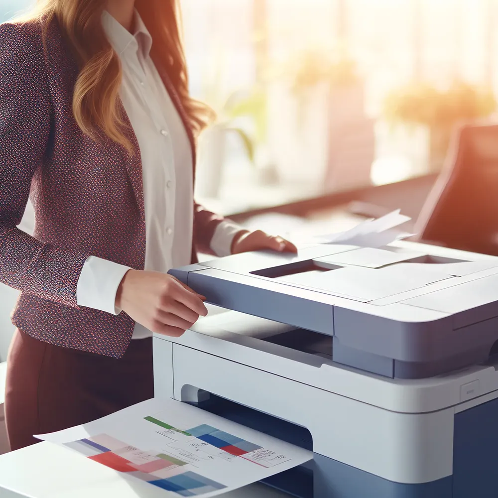 Frau bedient einen Multifunktionsdrucker im Büro