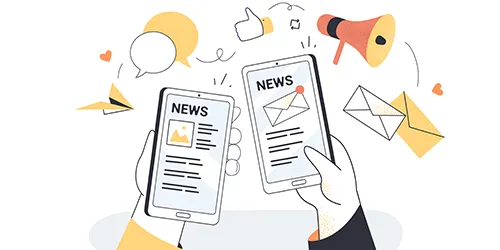 Illustration von Händen mit Smartphones, die Newsletter und News anzeigen