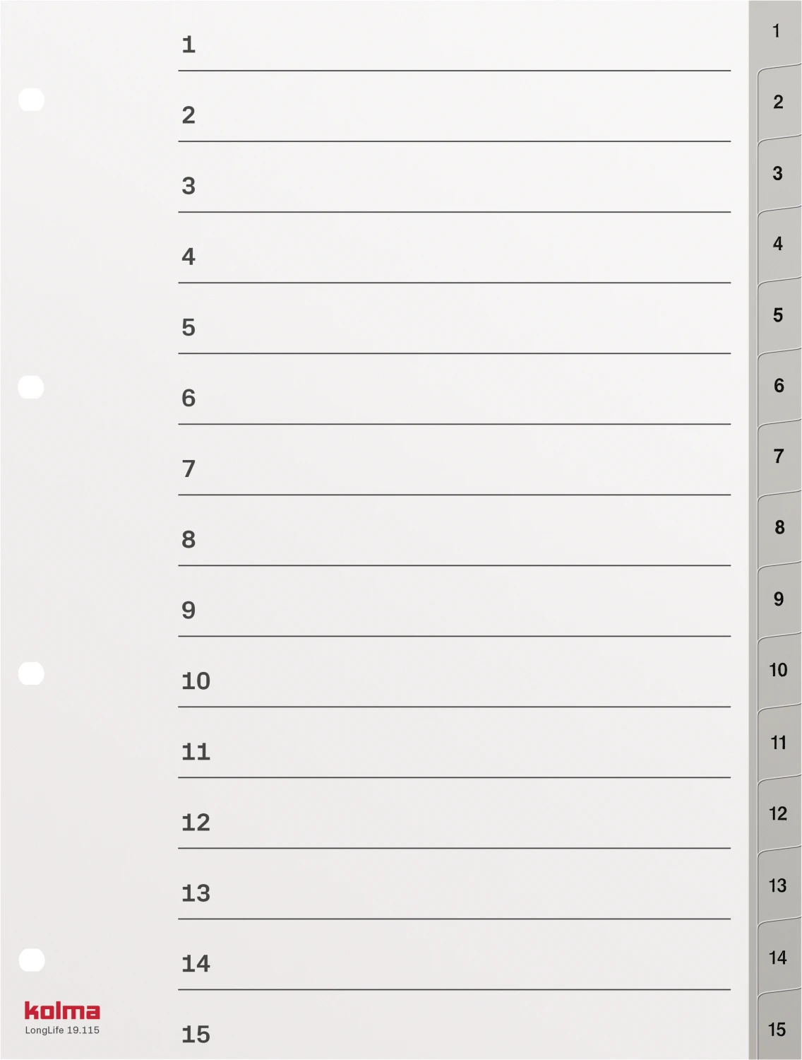 KOLMA Zahlenregister Superstrong 1 - 15