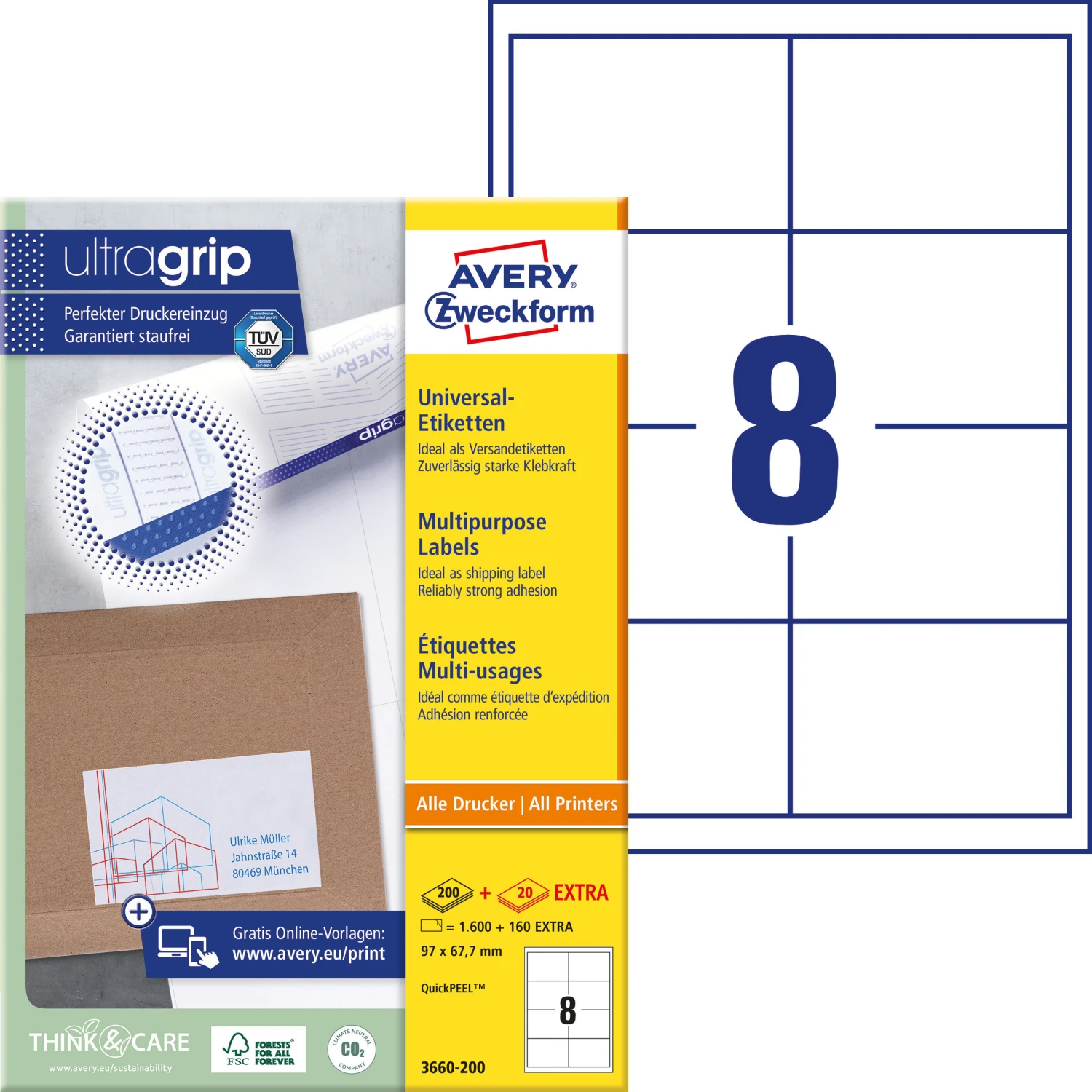 AVERY ZWECKFORM 3660-200 Etiketten, 97 × 67.7 mm, 200 + 20 Blatt