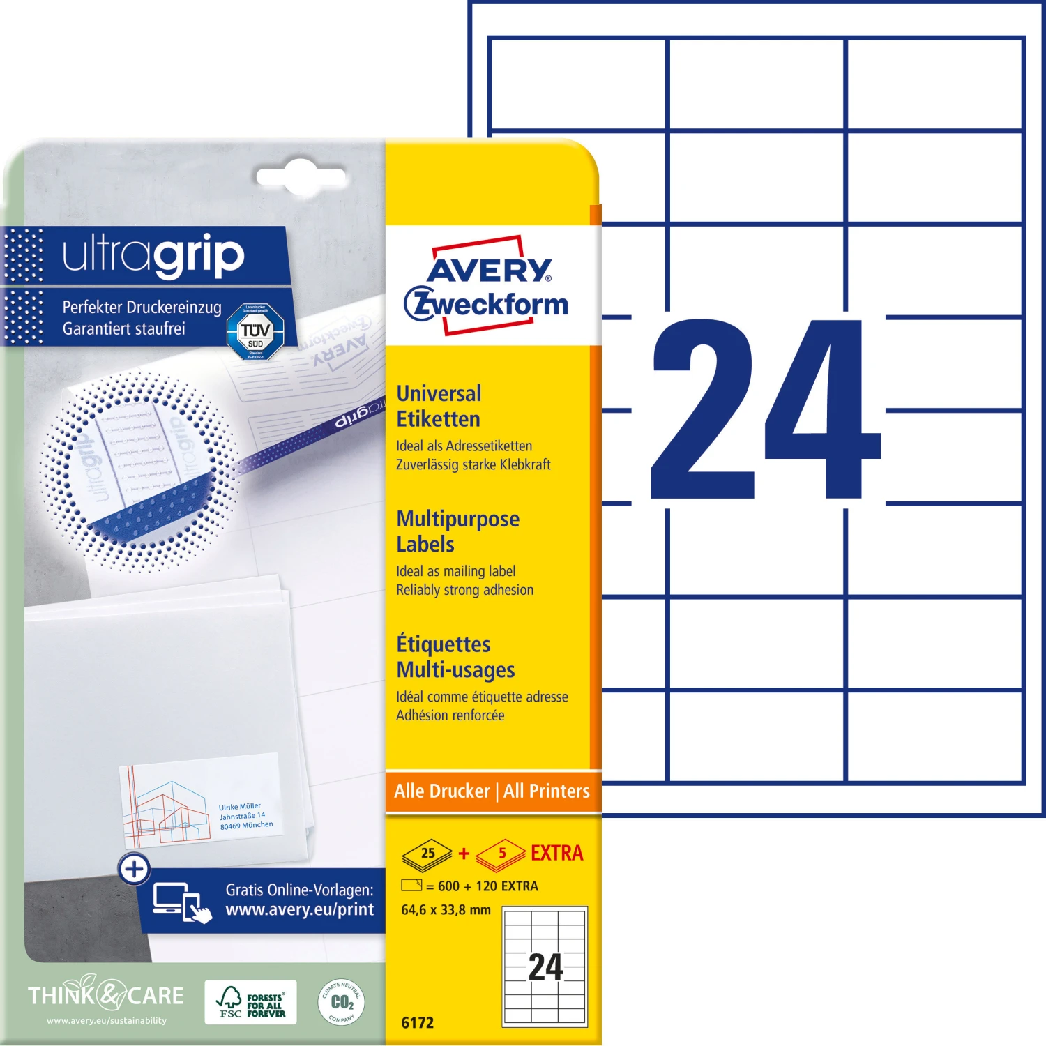 AVERY ZWECKFORM 6172 Etiketten, 64.6 x 33.8 mm, 25 Blatt