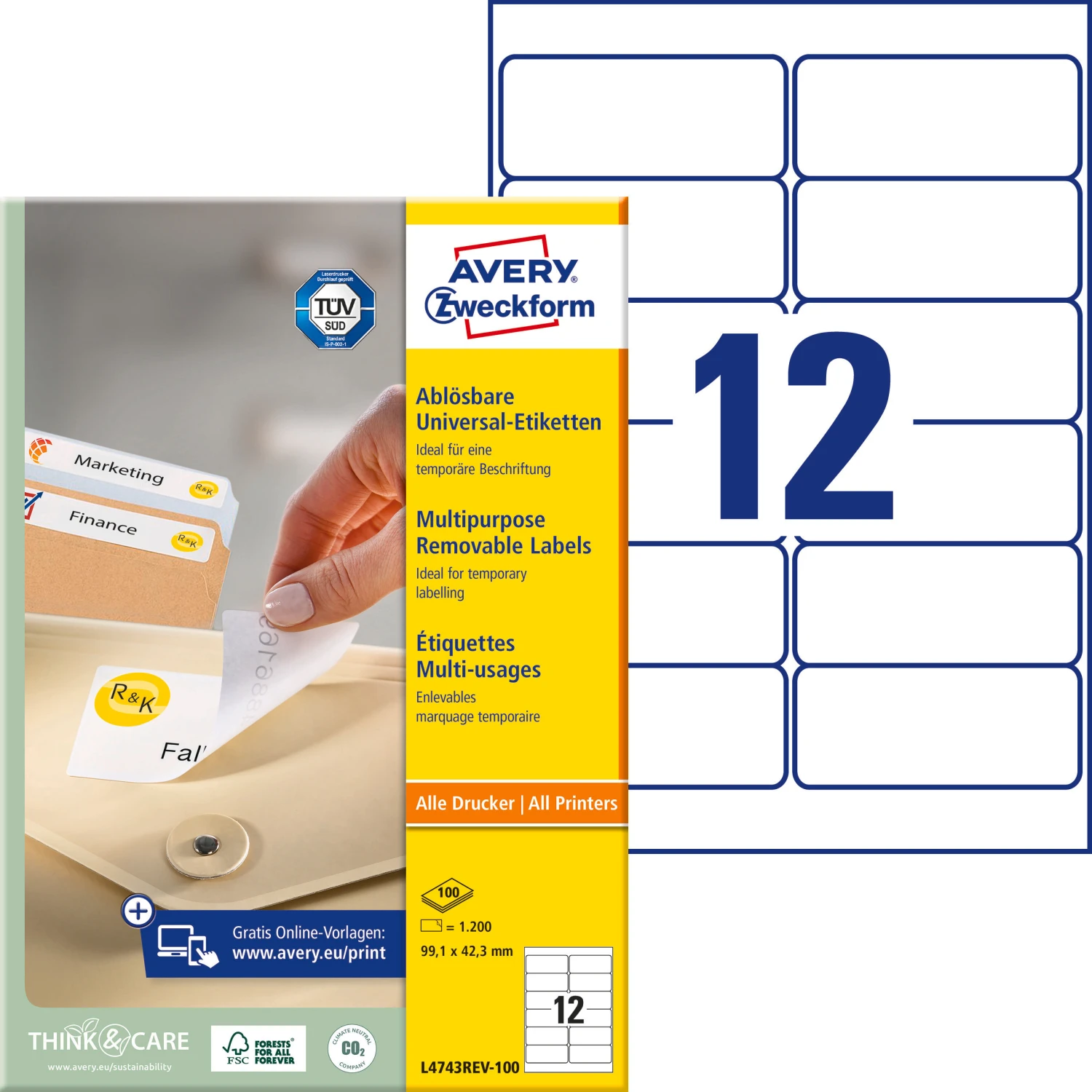 AVERY ZWECKFORM L4743REV-100 Étiquettes, 99,1 x 42,3 mm, 100 feuilles