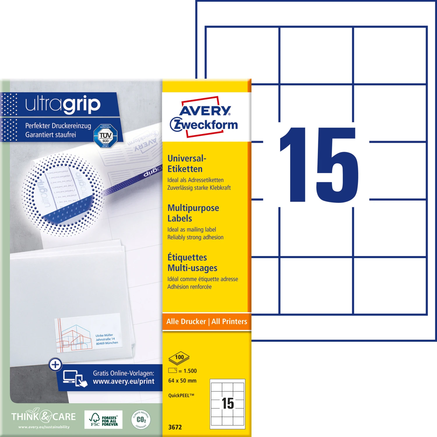 AVERY ZWECKFORM 3672 Etiketten, 64 x 50 mm, 100 Blatt