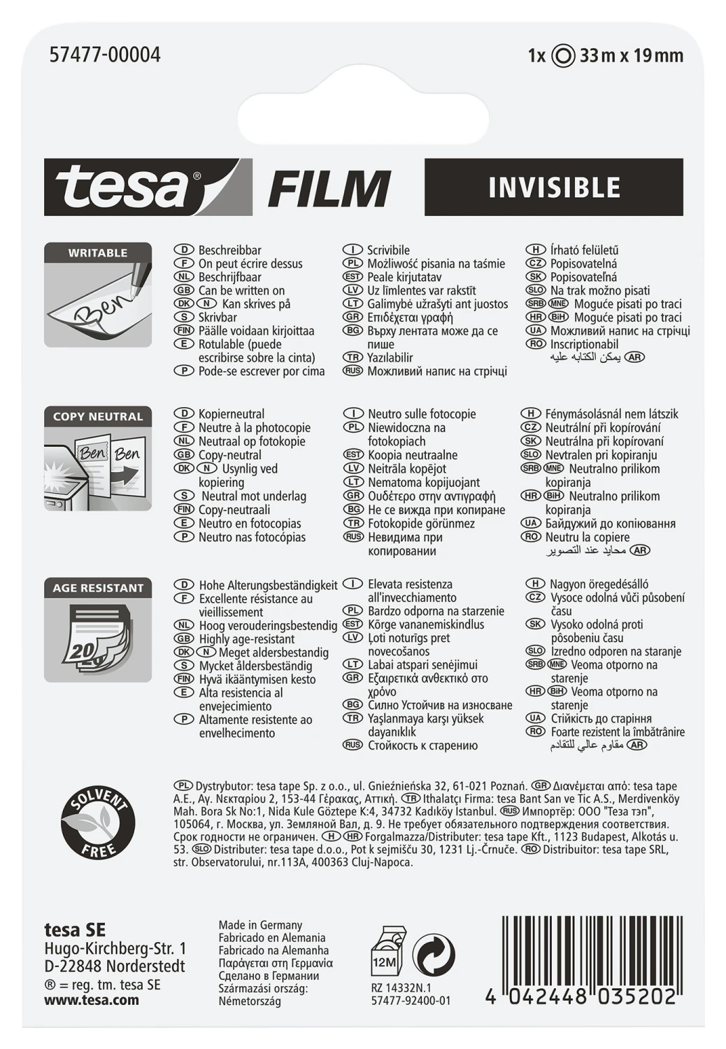 TESA Ruban invisible 19 mm x 33 m, Blister