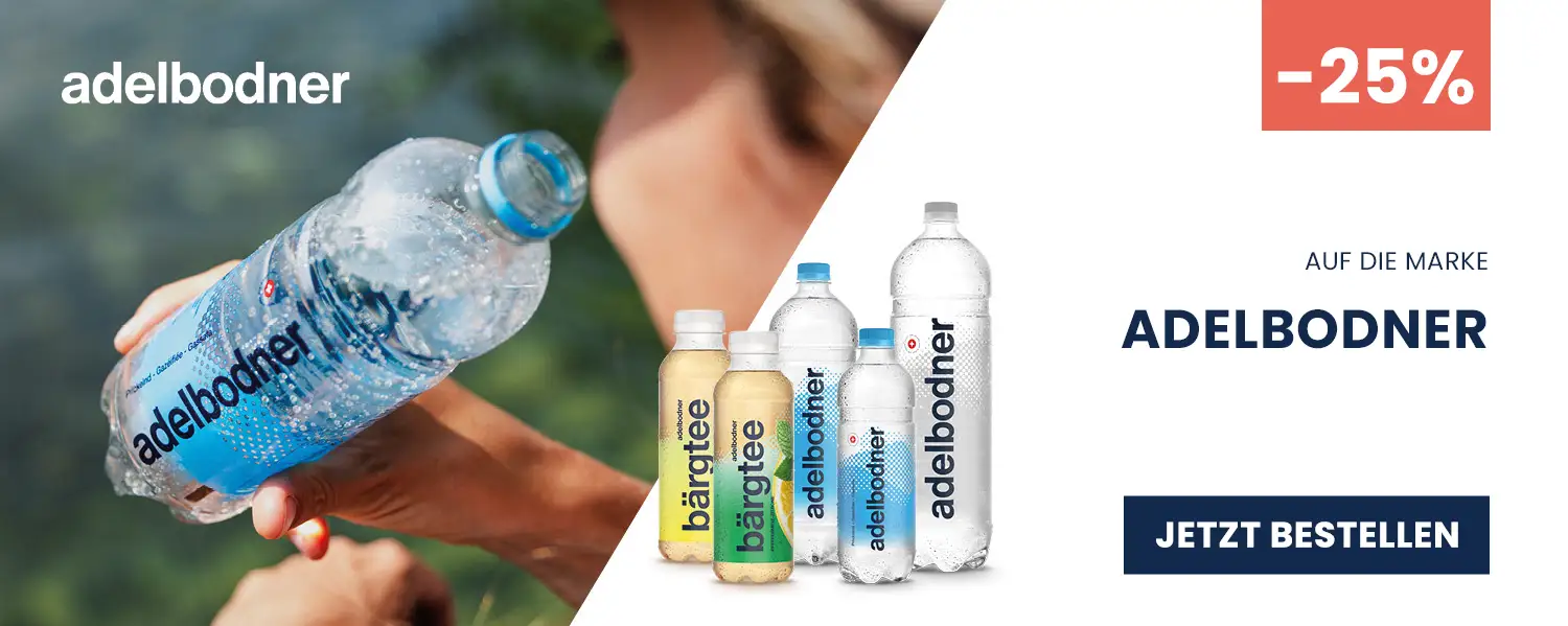 Werbebanner Adelbodner Mineralwasser -25% mit Produktflaschen, "Jetzt bestellen"