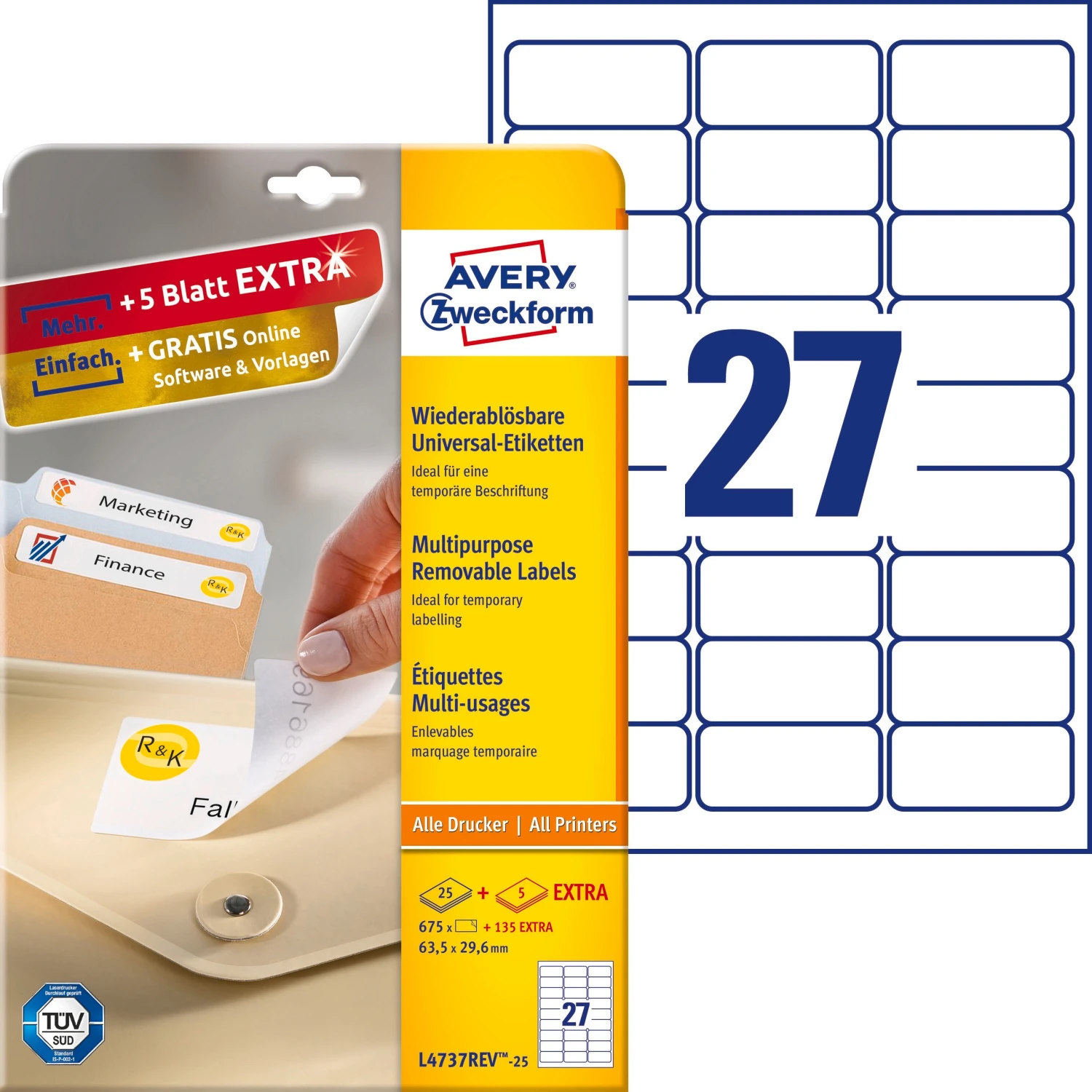 AVERY ZWECKFORM L4737REV-25 Etiketten, 63.5 x 29.6 mm, 25 + 5 Blatt