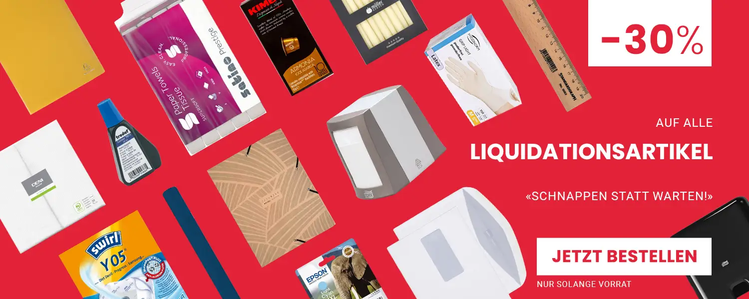 Banner: -30 % auf alle Liquidationsartikel – jetzt bestellen, nur solange Vorrat