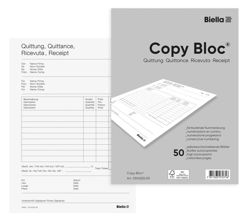 BIELLA Quittungen Copy-Bloc A5, 50 Blatt
